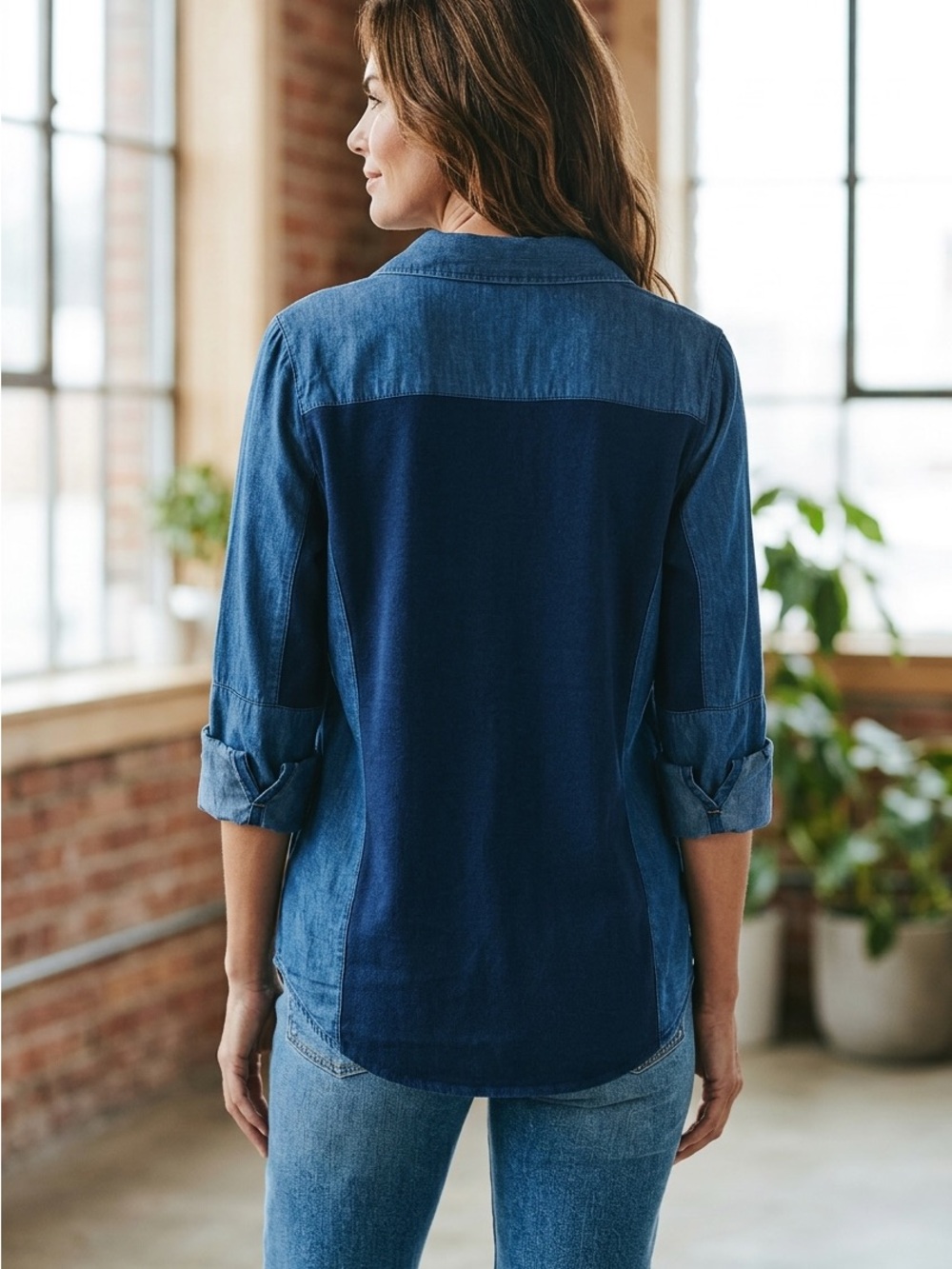 Ci Sono Two-Tone Blue Denim Button-Down Shirt